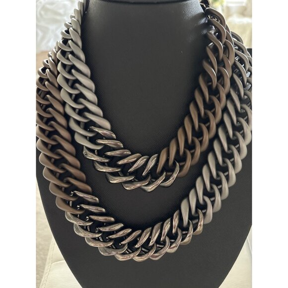 Lafayette Italy Chunky Multilayer Chain Necklace Metallic Silver & Brown Tones - Picture 2 of 15